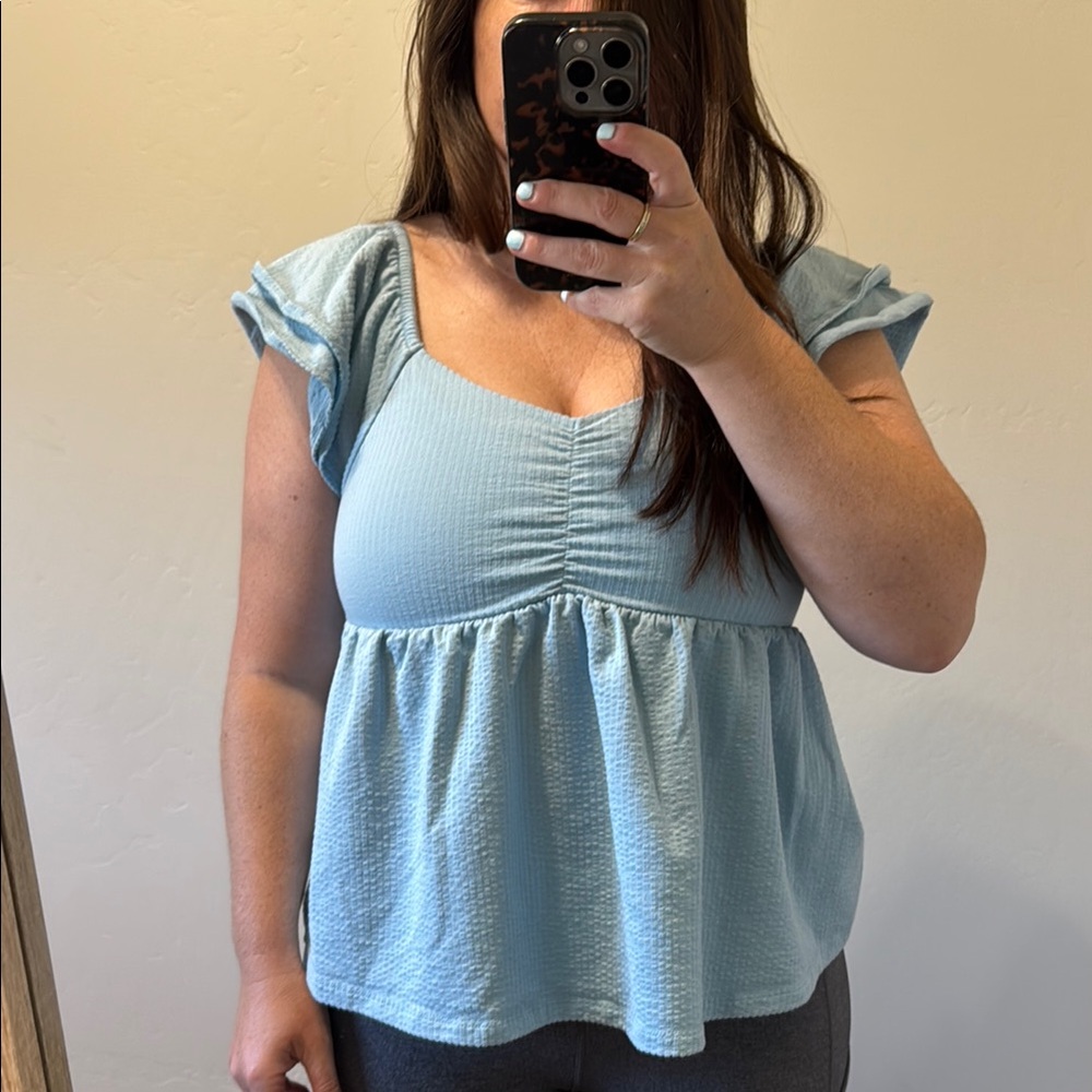 SO Blue Ruched Peplum Cap Sleeve Blouse